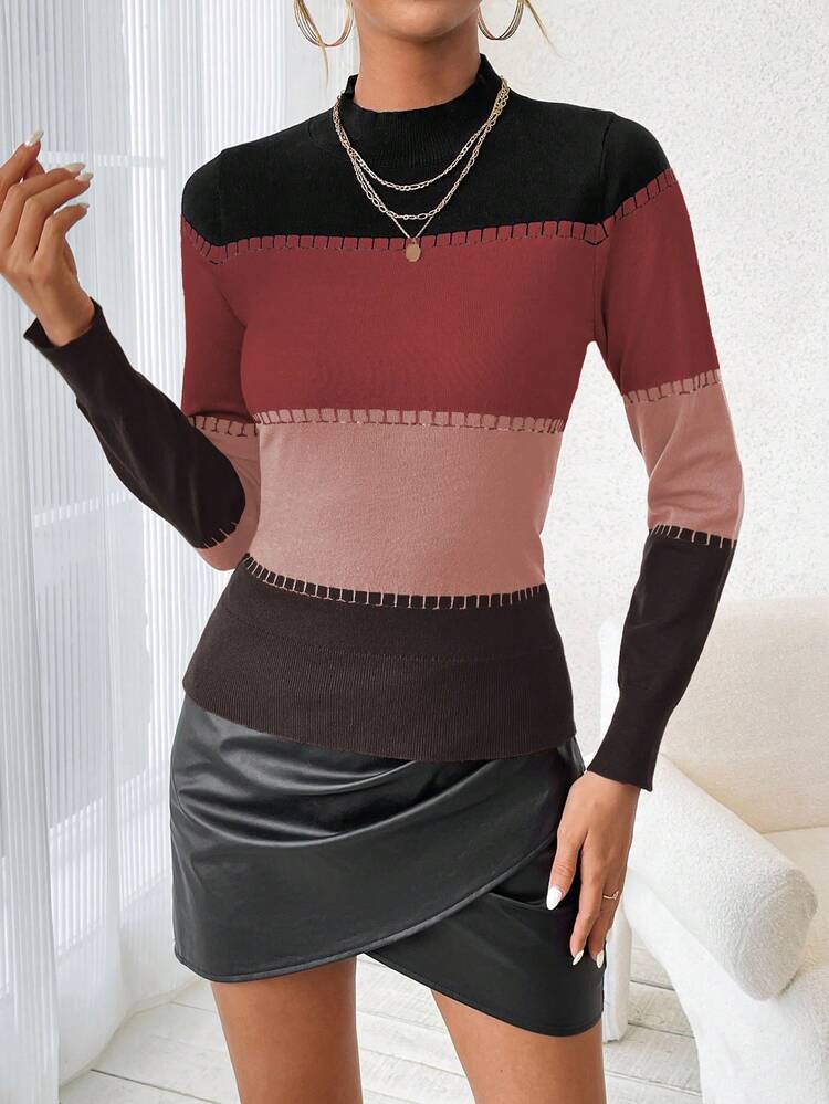 Women's Colorblock Stand Collar Knit Pullover Fall Winter Sweater