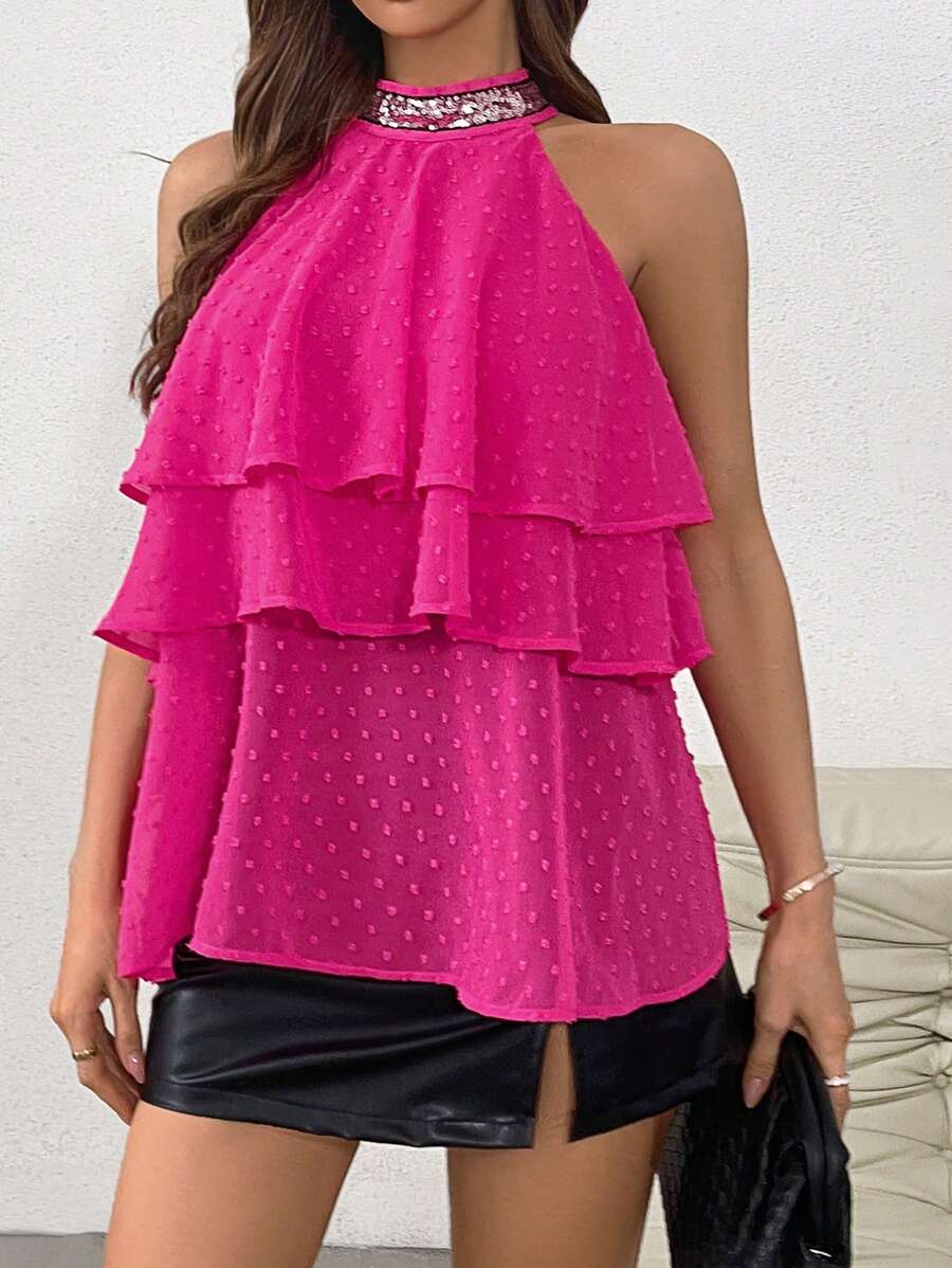 SHEIN Privé Của phụ nữ Nhiều lớp Xù Hoa Sen Halter Neck Áo sơ mi - Màu Hồng Tươi - Xem 1