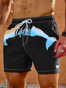 Surfspeed Men'S Dolphin & Letter Pattern Drawstring Waist Beach Shorts - Black - View 4