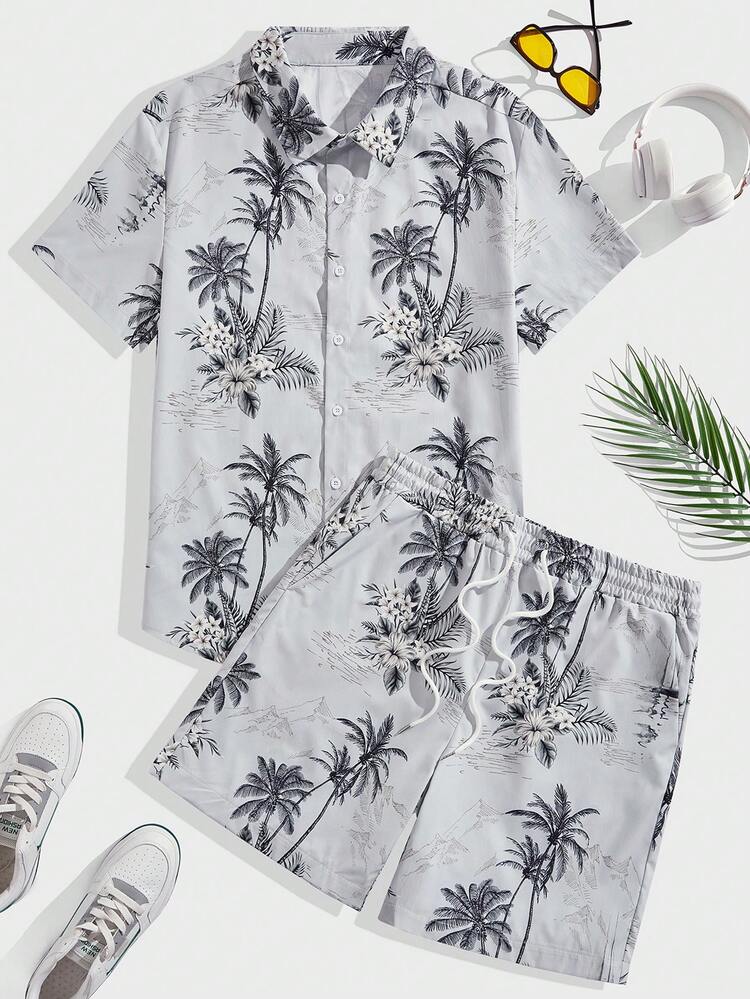 Men'S Plus Size Palm Tree Print Short Sleeve Shirt And Shorts Set