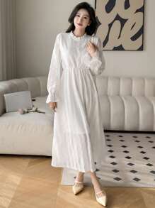 DAZY Damen Einfarbiges Kleid mit Rüschenärmeln, Herbstkleid mit Langarm