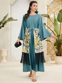 Al Najma Embroidery Patchwork Fringe Decor Flare Sleeve Dress - Green - View 5