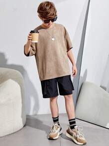 SHEIN Tween Boy Loose Fit Solid Color Suede T-Shirt - Grey - View 4