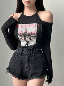 DAZY 女式露肩标语印花 T 恤、图案 T 恤、学院风上衣、长袖女式上衣、秋季女装