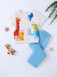 Set Aus Kurzärmligem T-shirt Und Hose Mit Süßem Cartoon-animal-print Für Kleine Jungen Für Den Freizeitgebrauch Zu Hause