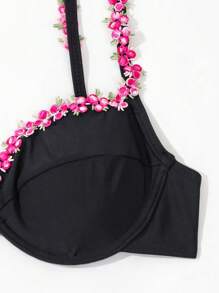SHEIN Swim Summer Beach Floral Embroidery Patchwork Bikini Set