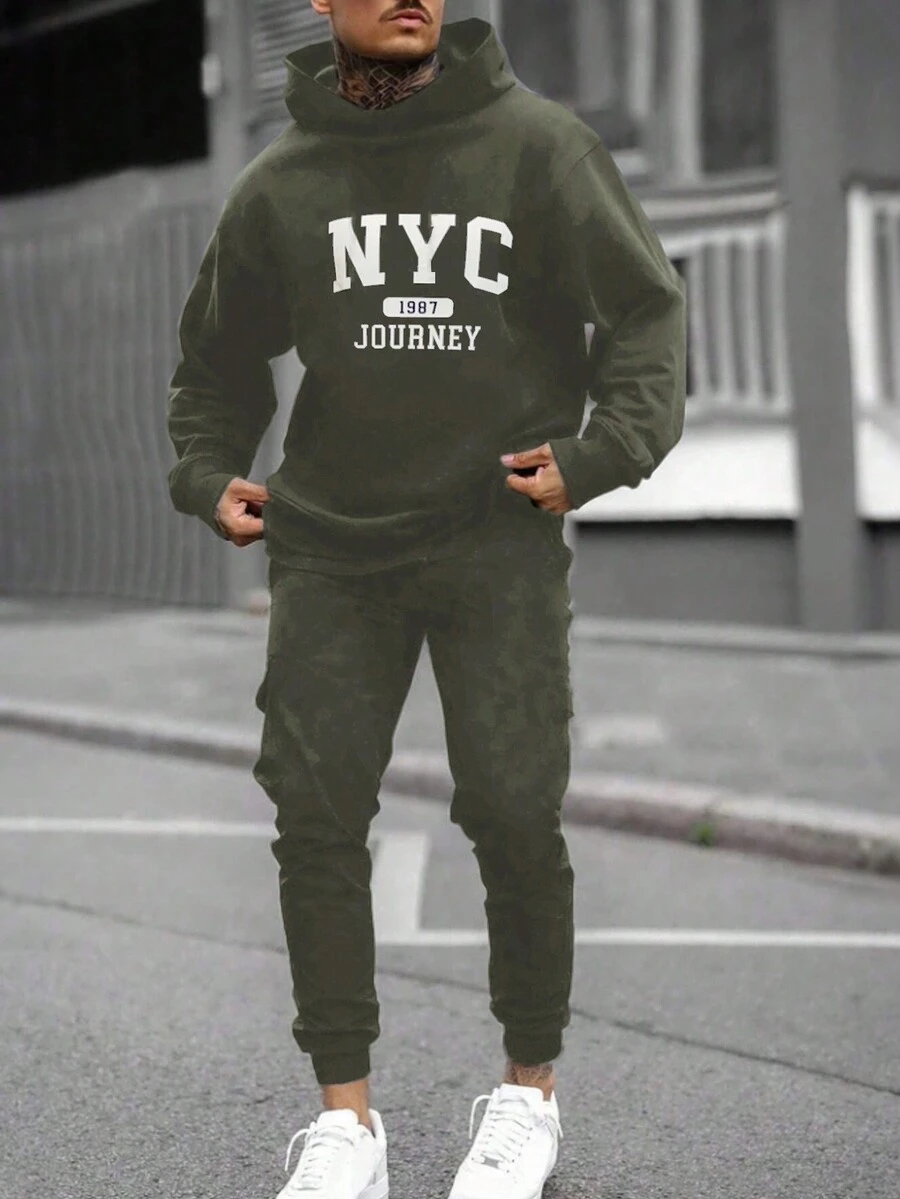 RueChic Nam Lá thư In Áo nỉ có mũ Và Quần thể thao Bộ - xanh quân đội - Xem 1