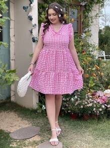 Dreamara 大尺碼女休閒度假風格 V 領無袖格紋 A 字連身裙 - 粉色 - 查看 7