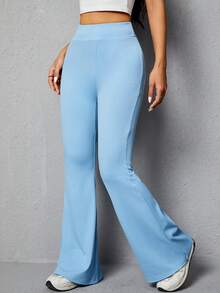 SHEIN PETITE Pantalones Acampanados Unicolor Para Mujer - Azul - Ver 4