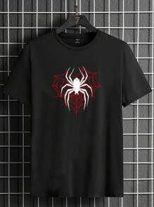 Manfinity LEGND Camiseta de manga corta con cuello redondo y gráfico de araña, de punto negra para hombre, para salir