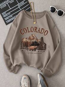 INAWLY Women's Mountain & Letter Print Fleece Sweatshirt EST A Strong, Innate Desire Travel 1893,Long Sleeve Tops Graduation,Back To School,Graduation,Teacher For Women,Back To School Pullover Fall Sweatshirt - Mocha Brown - View 1