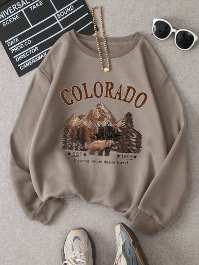 INAWLY 女士山峰字母印花抓绒卫衣，始于1893年，象征着对旅行的强烈渴望，长袖上衣，适合毕业季、返校季、毕业典礼、教师节等场合，秋季返校套头衫