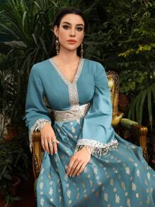 Divindia 女式流苏袖下摆长袖连衣裙 - 水鴨藍 - 查看 4