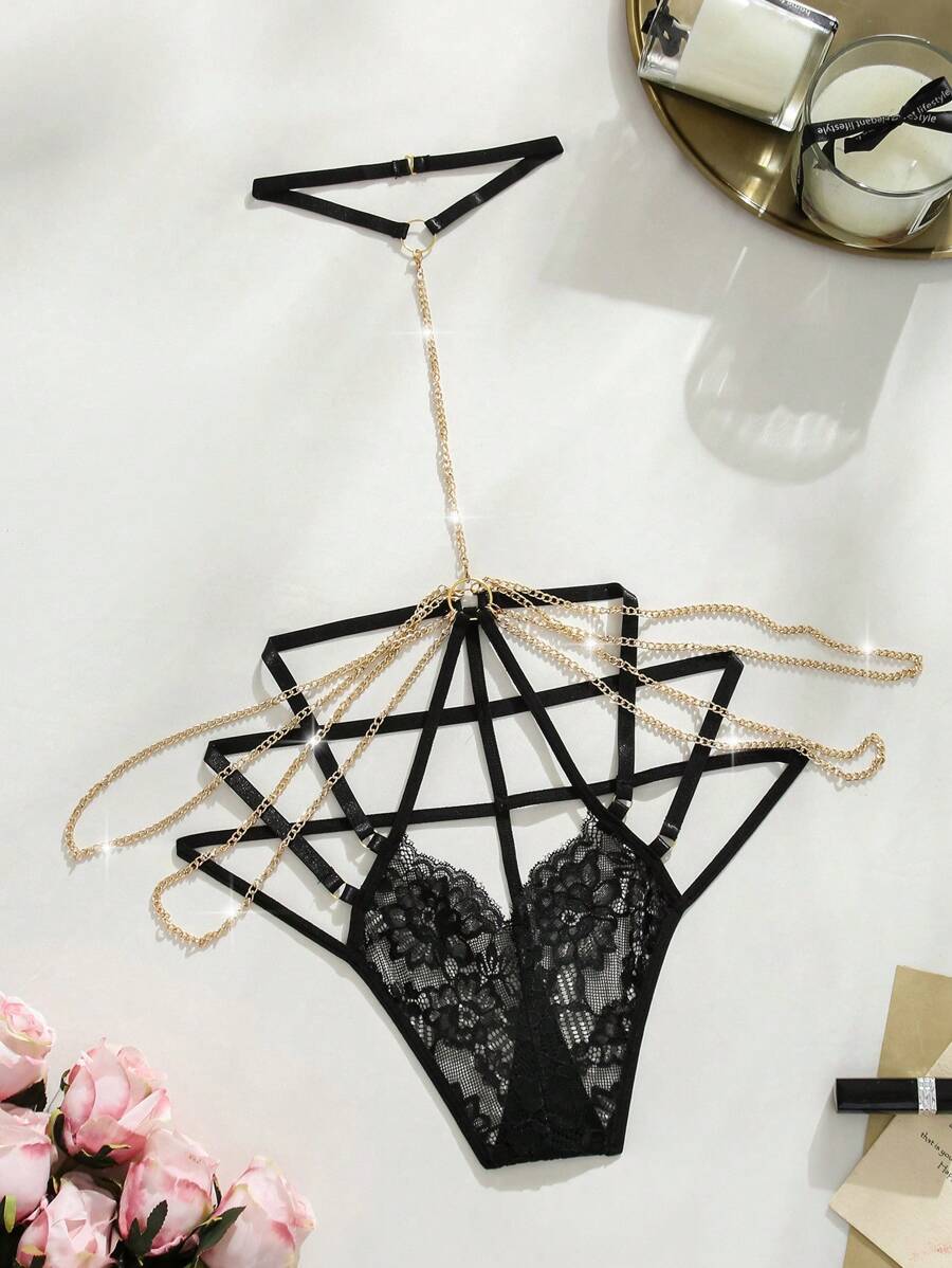 SHEIN 女士性感蕾丝和链条外出内衣 - 黑色 - 查看 1