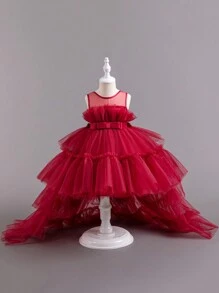 SHEIN Glamorique Kids 年輕女孩多層次色彩繽紛的晚禮服，長尾紗裙適用於婚禮、生日派對做花童禮服 - 酒紅色 - 查看 1