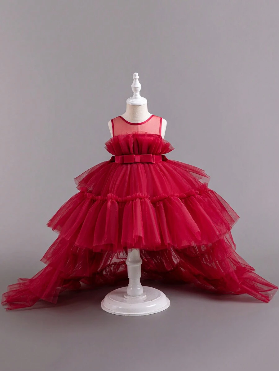 SHEIN Glamorique Kids 年輕女孩多層次色彩繽紛的晚禮服，長尾紗裙適用於婚禮、生日派對做花童禮服 - 酒紅色 - 查看 1