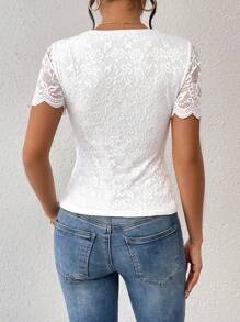 SHEIN Frenchy Women'S Lace Patchwork Short Sleeve Blouse Elegant White Summer - White - View 2