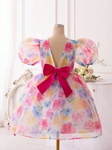 SHEIN DRMZ Tween Girl Tween 女童刺绣网眼提花圆领短袖派对礼服 适合婚礼季节 - 彩色 - 查看 3