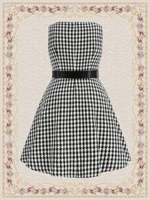 Vintamour 大码复古优雅女式无袖 A 字形连衣裙，采用千鸟格羊毛面料，配腰带音乐会复古服装黑白连衣裙 - 黑與白 - 查看 8