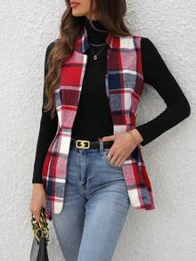 SHEIN LUNE Abrigo De Lana Con Chaleco A Cuadros - Rojo - Ver 3