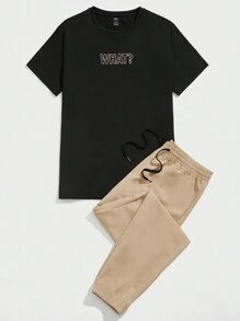 Manfinity VCAY 男士字母印花針織短袖t恤和細條紋長褲套裝 - 卡其色 - 查看 5