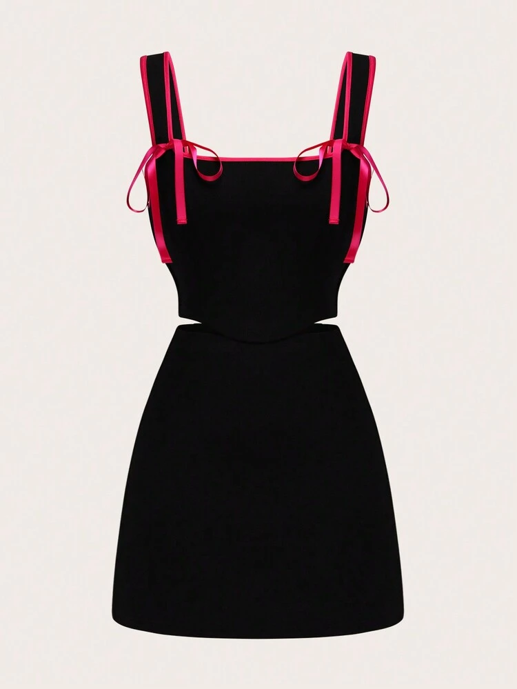 Women's Contrast Binding Cami Top & Solid Color Skirt Set