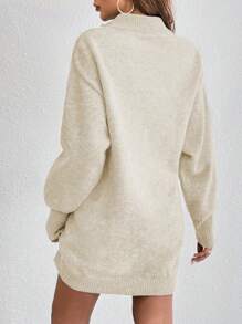 SHEIN Frenchy Một nửa khóa kéo Đứng cổ áo Thả vai Tay áo Đầm Áo len - Màu be - Xem 2