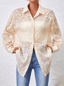 SHEIN Essnce Ladies' Leopard Pattern Jacquard Long Sleeve Shirt - Apricot - View 4