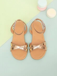 新款夏季女童休閑極簡海灘紮帶平底涼鞋 - 金色 - 查看 5