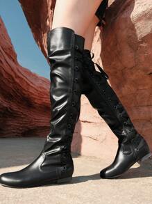 Women's Black FashionablePU Over-The-Knee Boots Flat Heel Slip-On Soft Leather Casual And Elegant Boots Ankle Boots