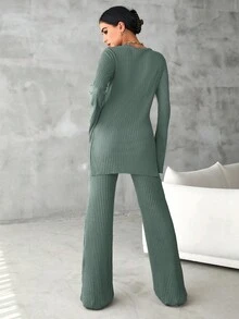 RueChic 針織短袖t恤和褲子套裝,設有分裂袖和鬆緊下擺 - 薄荷綠 - 查看 2