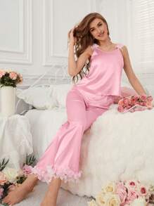 女士撞色网眼蕾丝缎面睡衣套装 - 粉色 - 查看 1