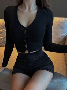 DAZY Women's V-Neck Button Front T-Shirt,Fall Clothes Long Sleeve Women Tops - Black - View 4