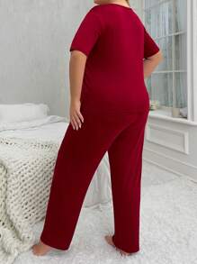 Women's Plus Size Slogan Printed Short-sleeved Trousers Pajama Set - Red - View 2