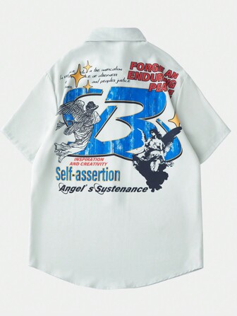 Street Life Chemise À Manches Courtes Imprimé Lettres D'ange Pour Homme,-approprié Pour Les Vêtements De Les Jours Au Printemps Et En Été