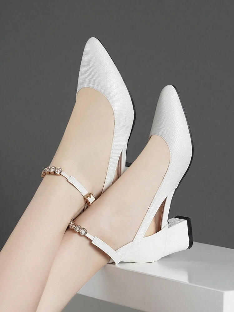Women'S Chunky High Heels With Rhinestone Decor And Hollow Out Design, Ankle Strap Buckle Closure,Elegant - White - View 3
