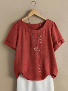 EMERY ROSE 短袖圓領衫,帶亞麻質感 - 橘色 - 查看 1