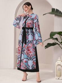 Al Najma Floral Print Bell Sleeve Arabian Dress - Multicolor - View 4