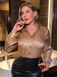 SHEIN LUNE 女士加大碼金屬扣領口鈕扣襯衫 - 金色 - 查看 1