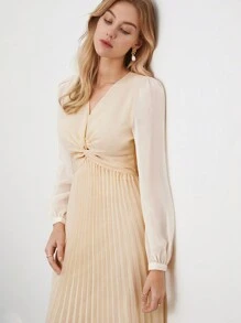 BizChic Của phụ nữ Tay áo lồng đèn Xoắn Nút Viền xếp Đầm - Màu vàng - Xem 6