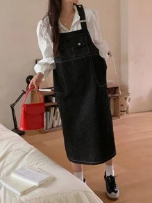 DAZY 女款牛仔背帶裙 - 黑色 - 查看 3