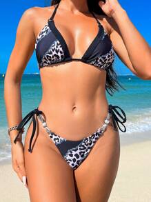 SHEIN Swim Summer Leopard Print Triangle Cup Bikini Set With Knot Front And Side Ties Carnival - Multicolor - View 3
