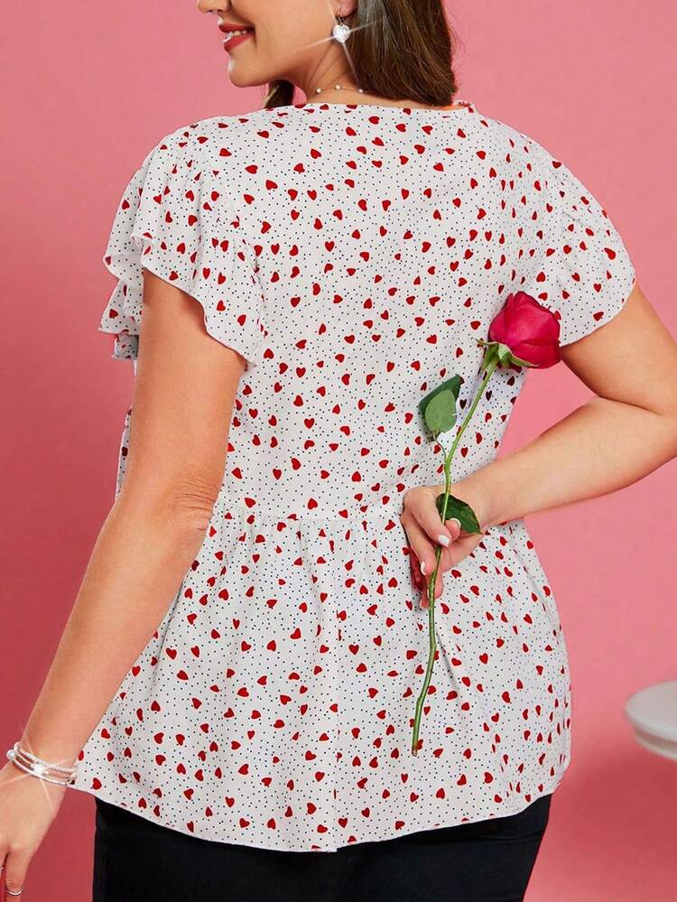 Valentine's Day Plus Size Women's Heart & Polka Dot Print Short Sleeve Blouse For Spring