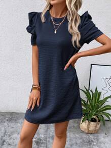 SHEIN Clasi Women's Puff Short Sleeve Round Neck Dress - Navy Blue - View 4