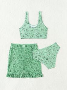 少女碎花比基尼套装 配套套装 夏日海滩 - 綠色 - 查看 2