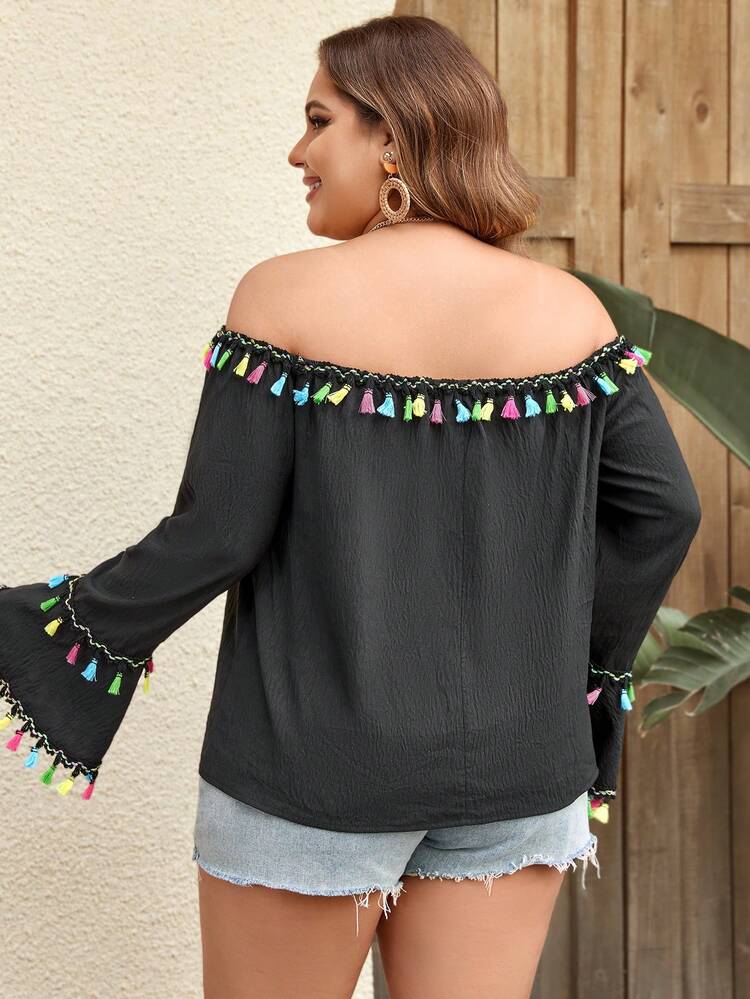 Plus Size Women's Patchwork Tassel Off Shoulder Shirt