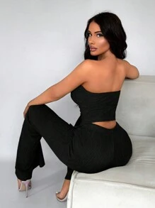 SHEIN SXY Vrouwen Sexy Voorpand met knoppen Tube tops & Wijduitlopende broek Met Getextureerd Kledingstof , 2 st./set