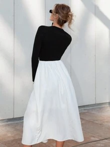 SHEIN Essnce 女士拼接空心休閒裙 - 黑與白 - 查看 3