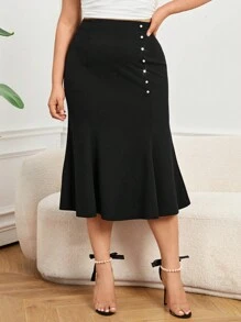 SHEIN Privé Plus Size Women Romantic Fishtail Hem Pearl Button Skirt, Elegant For Romantic Dates - Black - View 3