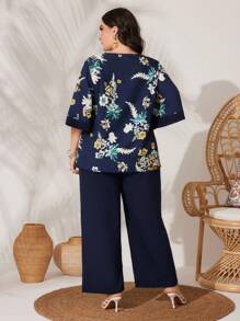 Mulvari Plus Size Women'S Botanical Print Top And Pants Set 2 Pieces Set - Multicolor - View 3